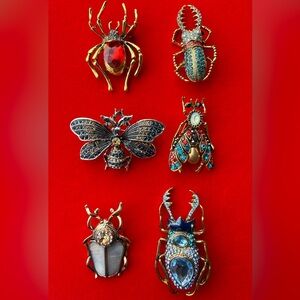 Anthropologie Insect Brooch Set - Red, Blue, Gold